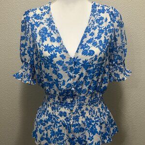Sienna Sky blue and white floral lightweight pullover blouse, medium
